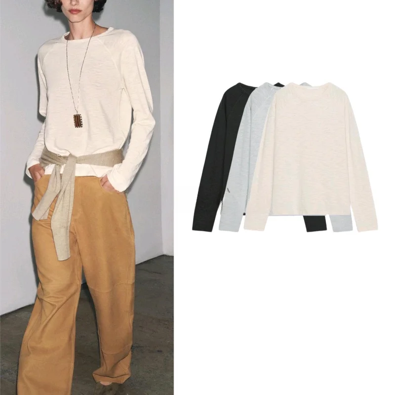 حصيرة فضفاضة تناسب طويلة Sve جولة Ne تي شيرت المرأة الخريف Faion مستقيم قطع هيم oulder إدراج تصميم القطن Kni...