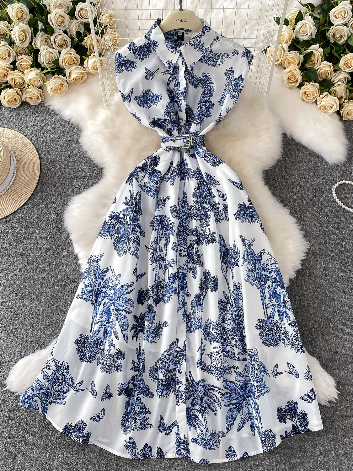 فستان قميص بياقة مطوية وطباعة أوراق الخيزران بتصميم عتيق، فستان صيفي طويل بزر واحد وقصة ضيقة على شكل حرف A للنساء