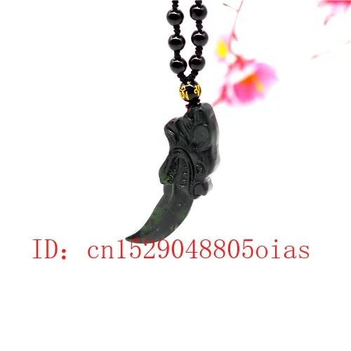 Natural Black Chinese Jade Obsidian Wolf Tooth Pendant Necklace Charm Jewelry Double-sided Carved Amulet Gifts for Men Women