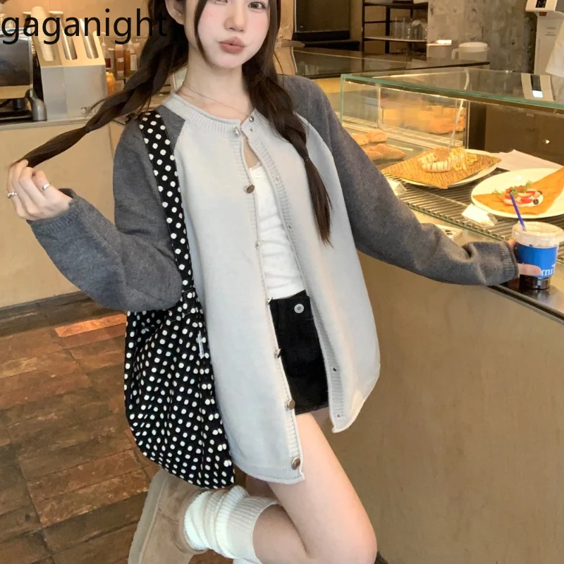 Gaganight Women O neck Color Blocked Sweater Cardigan 2024 Autumn Winter New Temperament Lazy Gray Long Sleeved Knitted Jacket