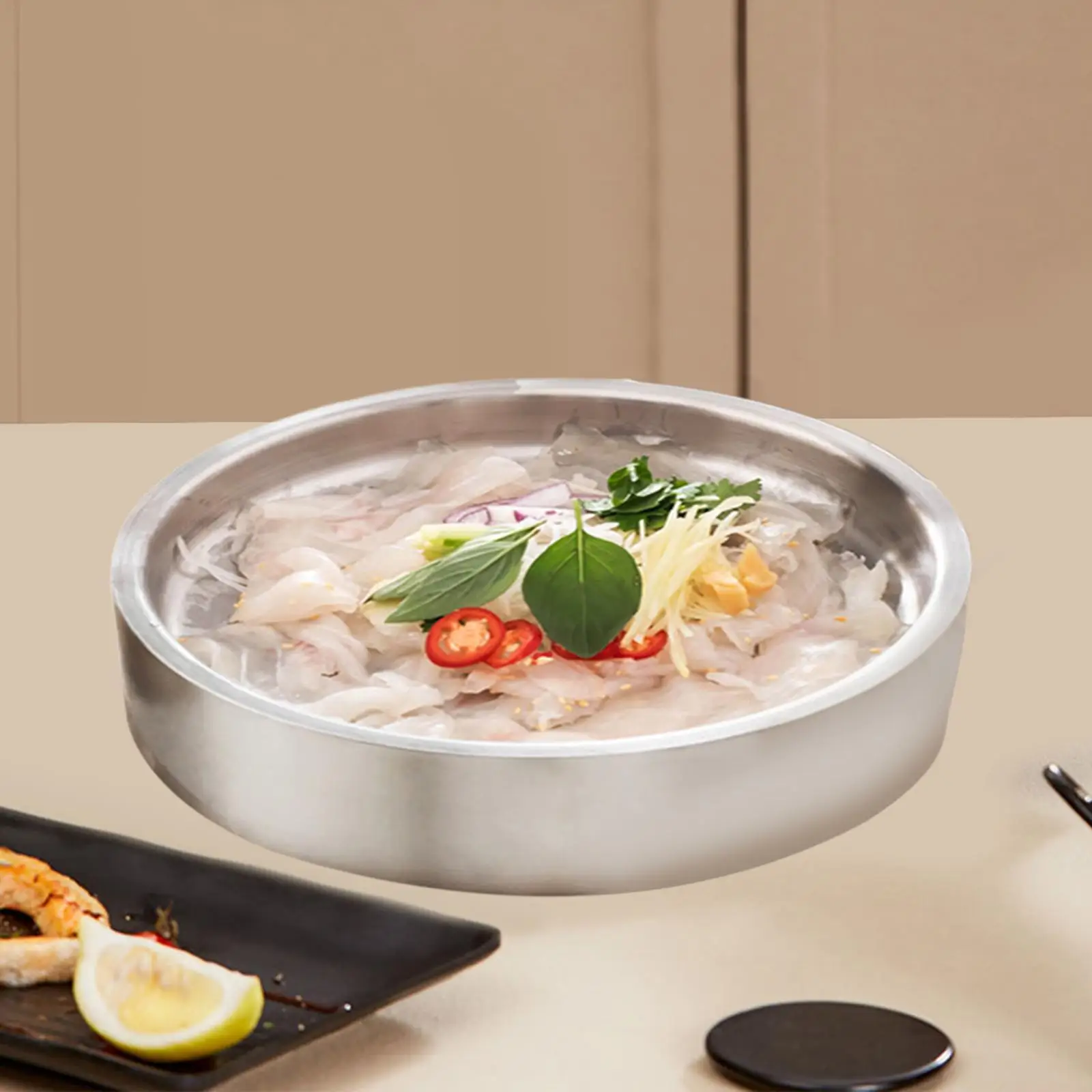 Ice Chilled Serving Tray Stainless Steel Round Platter for Sushi Seafood Snacks and Outdoor Entertaining