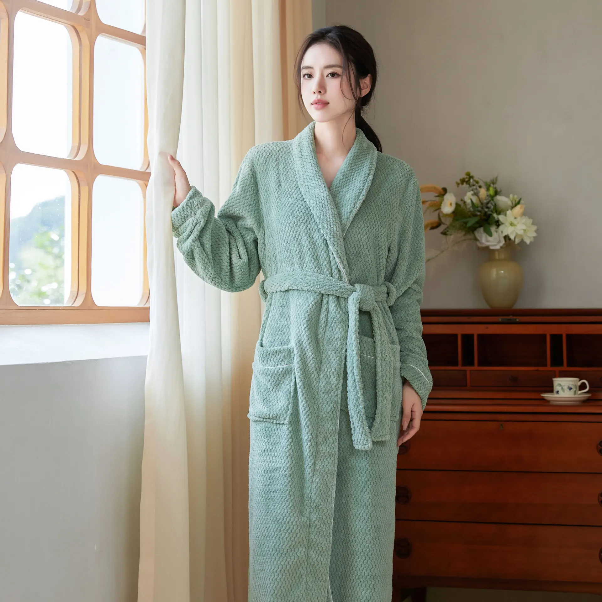 Winter New Coral Fleece Long Kimono Bathrobe Robe Warm Thick Sleepwear Women's Lapel Flannel Nightgown Casual Loose Home Wear