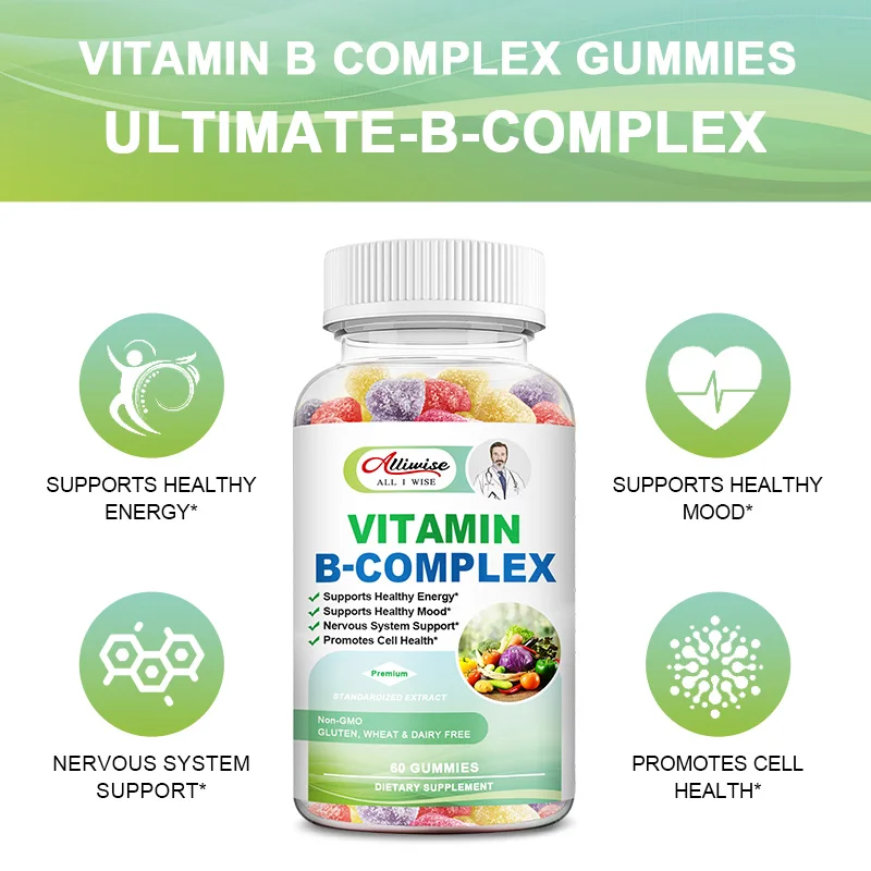 Vitaminas do Complexo B Gomas, B3, B6, B12, Ácido Fólico e Biotina, Suportam Energia, Metabolismo, Aliviam o Estresse e Melhoram a Imunidade