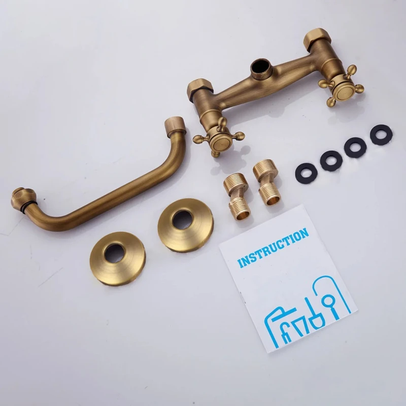 Bronze antique-style wall-mounted cold and hot water faucet with rotatable into-wall double-hole faucet