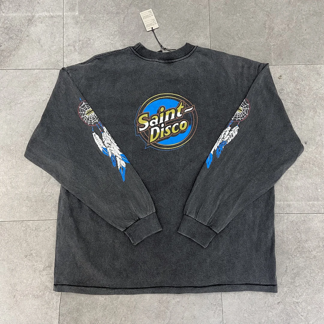 2026ss Top Version SAINT Spiderweb Ink-splatter America High Street Washed Long-sleeve Base T-shirt Oversized Women Men T shirts