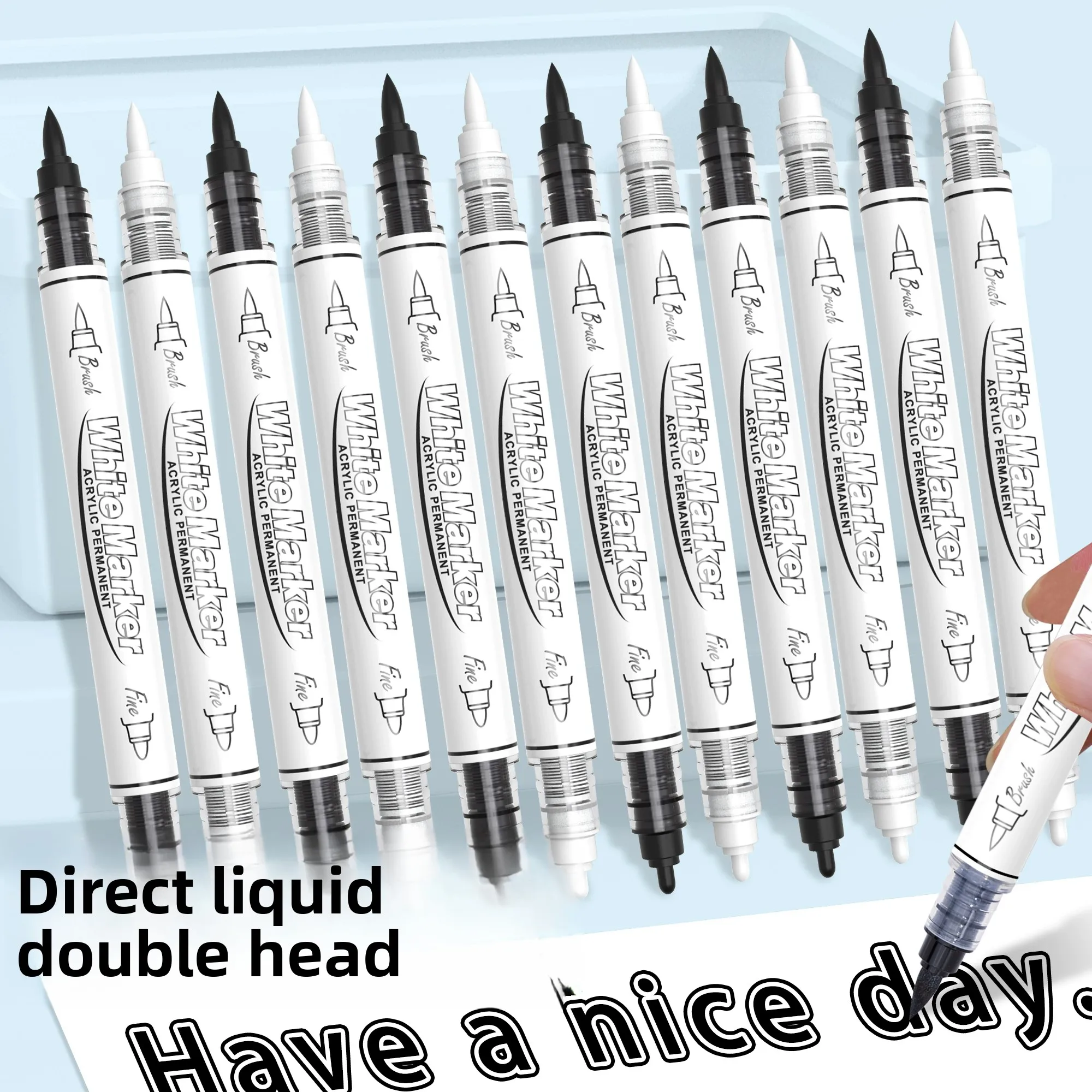 Guangna 712 Doppelkopf-Marker mit Flüssiger Tinte, Weichem und Hartem Kopf, Schwarzer Marker, Weißer Highlighter, DIY-Kunststift