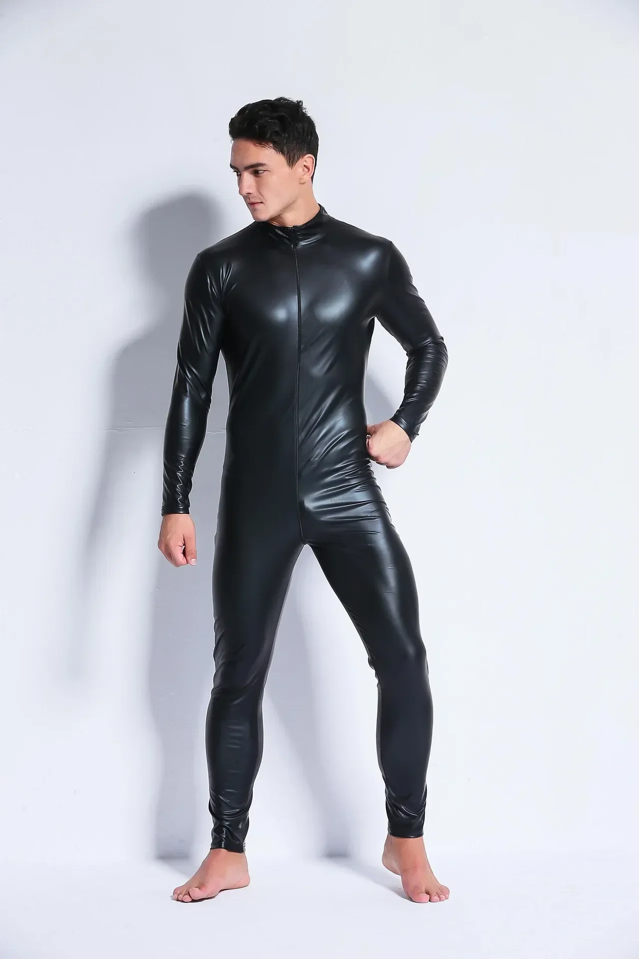 Combinaison Catsuit en Faux cuir Pu brillant pour hommes, Sexy, boîte de nuit, Lingerie érotique, look mouillé