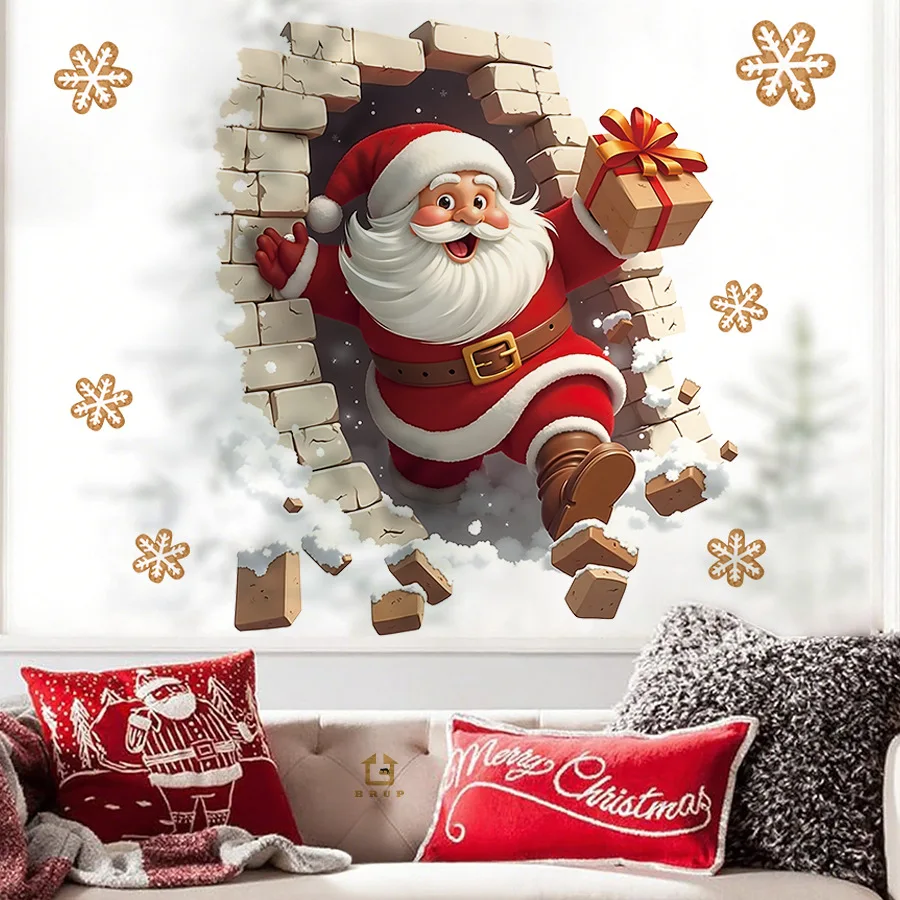 Hot Sale 3D Santa Wall Sticker - Self-Adhesive Break Through Wall Christmas Decor for Home Festive Scene