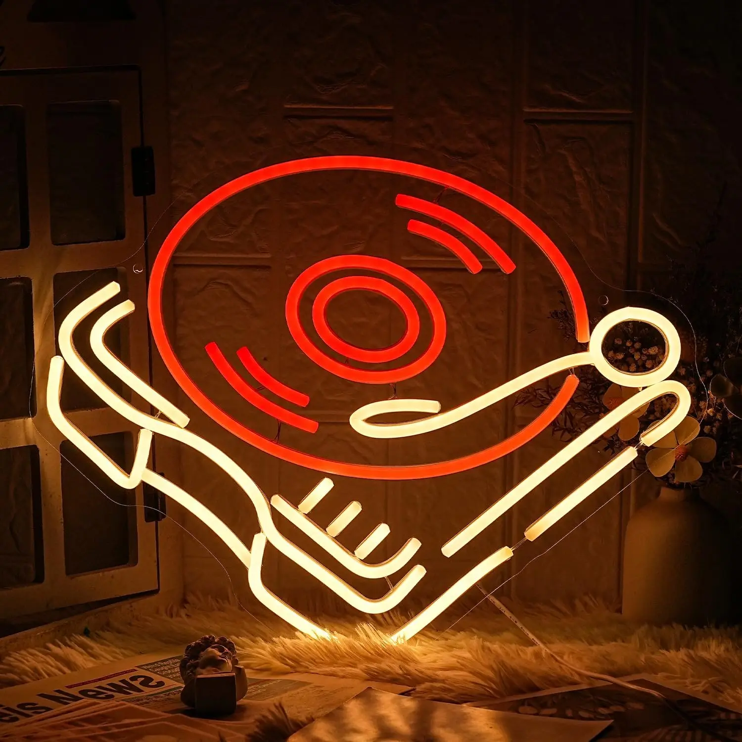 Record Player Neon Sign Retro Red Warm Music Record Neon Light for Music Studio Decor Live Music Bedroom Beer Bar Decoration