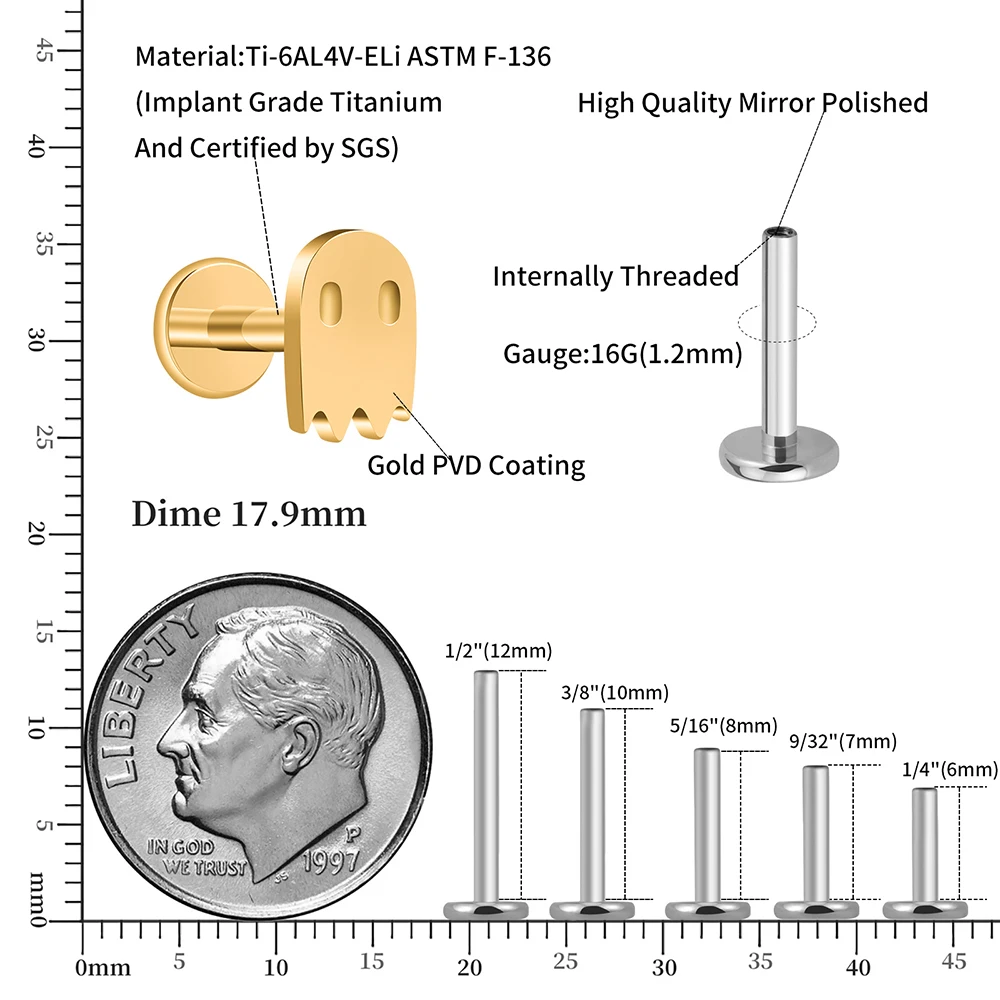 Right Grand ASTM F136 Titanium 16G Pacman Game Ghost Funny Stud Earring Halloween Labret Monroe Tragus Cartilage Helix Piercing