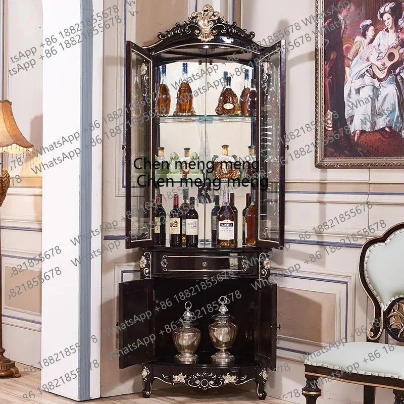 

European-style corner cabinets The living room displays a solid wood corner wine cabinet with ebony gold painting