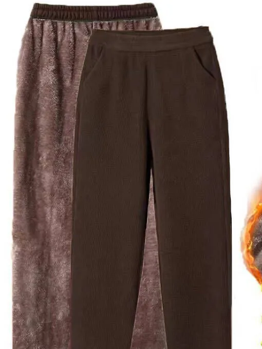 Thiened Fce ハイウエスト秋冬カジュアルパンツ中年女性向け暖かい居心地の良い綿ズボンアウターウェア