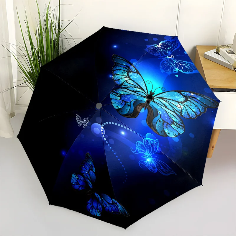 

Светящийся синий зонт-бабочка - компактный автоматический портативный зонт с ярким цветочным и бабочковым дизайном, 3-секционный, легкий.
