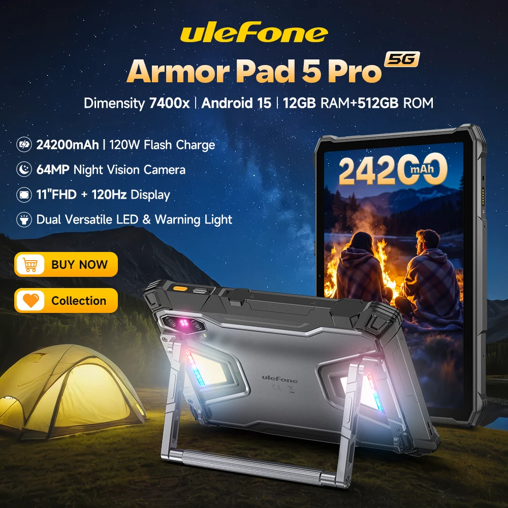 

【Новинка 2025 года】Ulefone Armor Pad 5 Pro 5G Прочный планшет 24200 мАч 120 Вт Флэш-зарядка Размер 7400x 512 ГБ ПЗУ Android 15 64 МП NFC