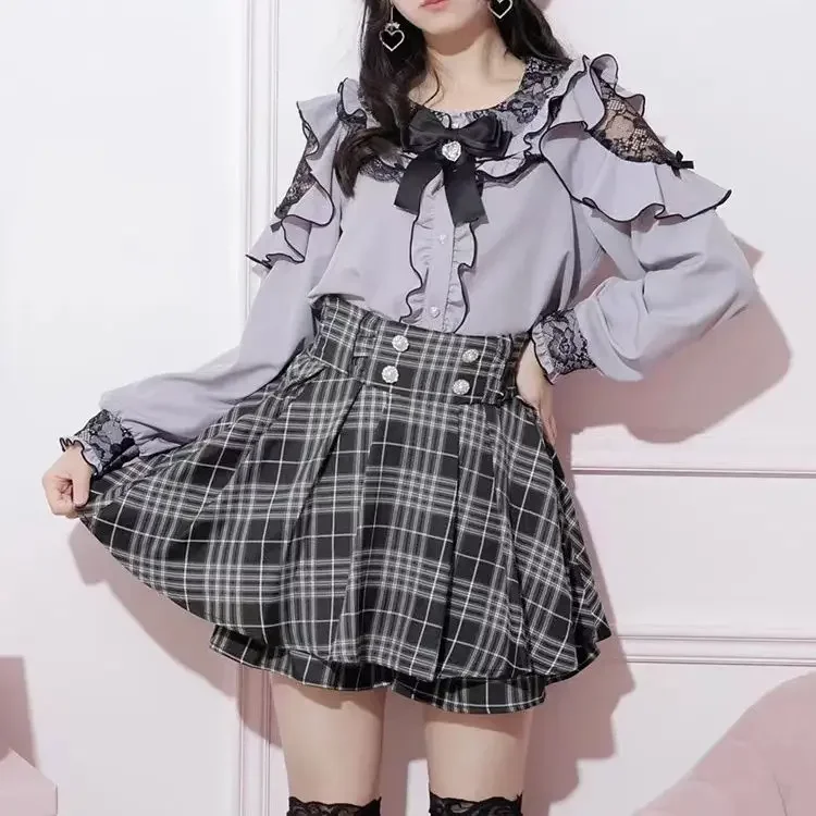 Japanese Girl Lolita Long Sleeve Blouse Y2k Aesthetic Lace Patchwork Bow Shirt Women Kawaii JK Sweet Ruffled Tops Blusas Camisa