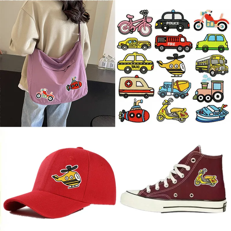 New Transport Vehicles Cute Cartoon Car Ship Airplane Motorcycle Sew Iron On Embroidery Patches Applique for Clothes Hat Bag