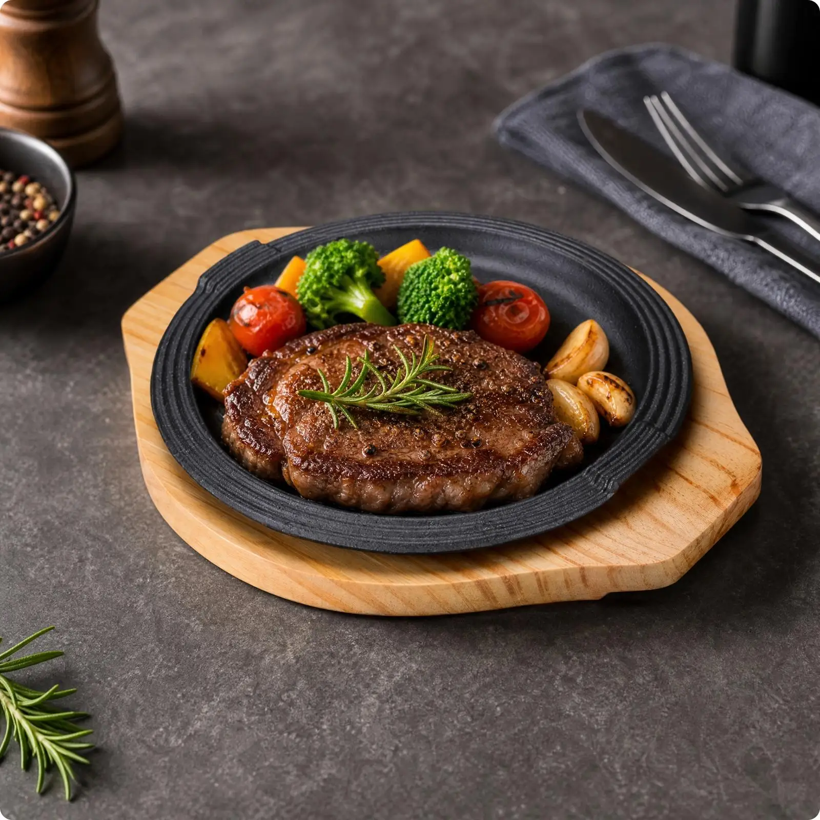 Cast Iron Plate with Wooden Base Uncoated Cast-Iron Pan with Wooden Board Skillet Induction-Safe for Steak Lovers