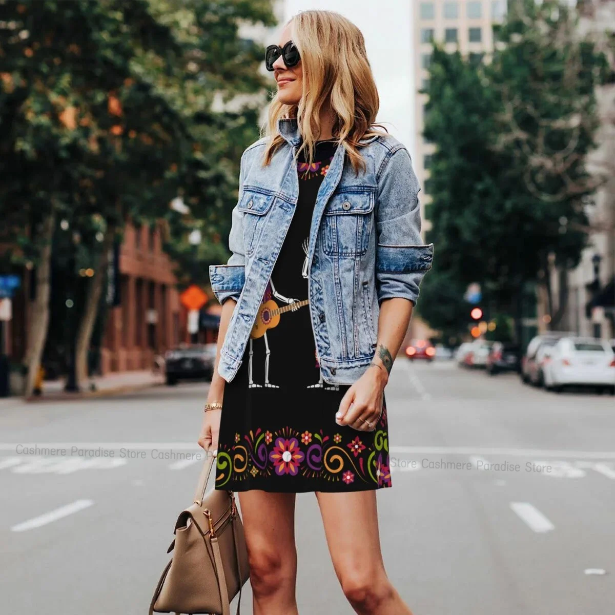 Damenkleid Skelette mit Rosen Tag der Toten Sommer Casual T-Shirt Kleider Strand Cover Up Tank Kleid