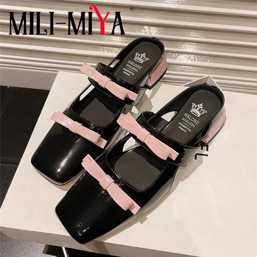 

MILI-MIYA Classic Square Toe Butterfly Knot Women Cow Leather Slingbacks Pumps Thick Heels Slip On Casual Style Handmade