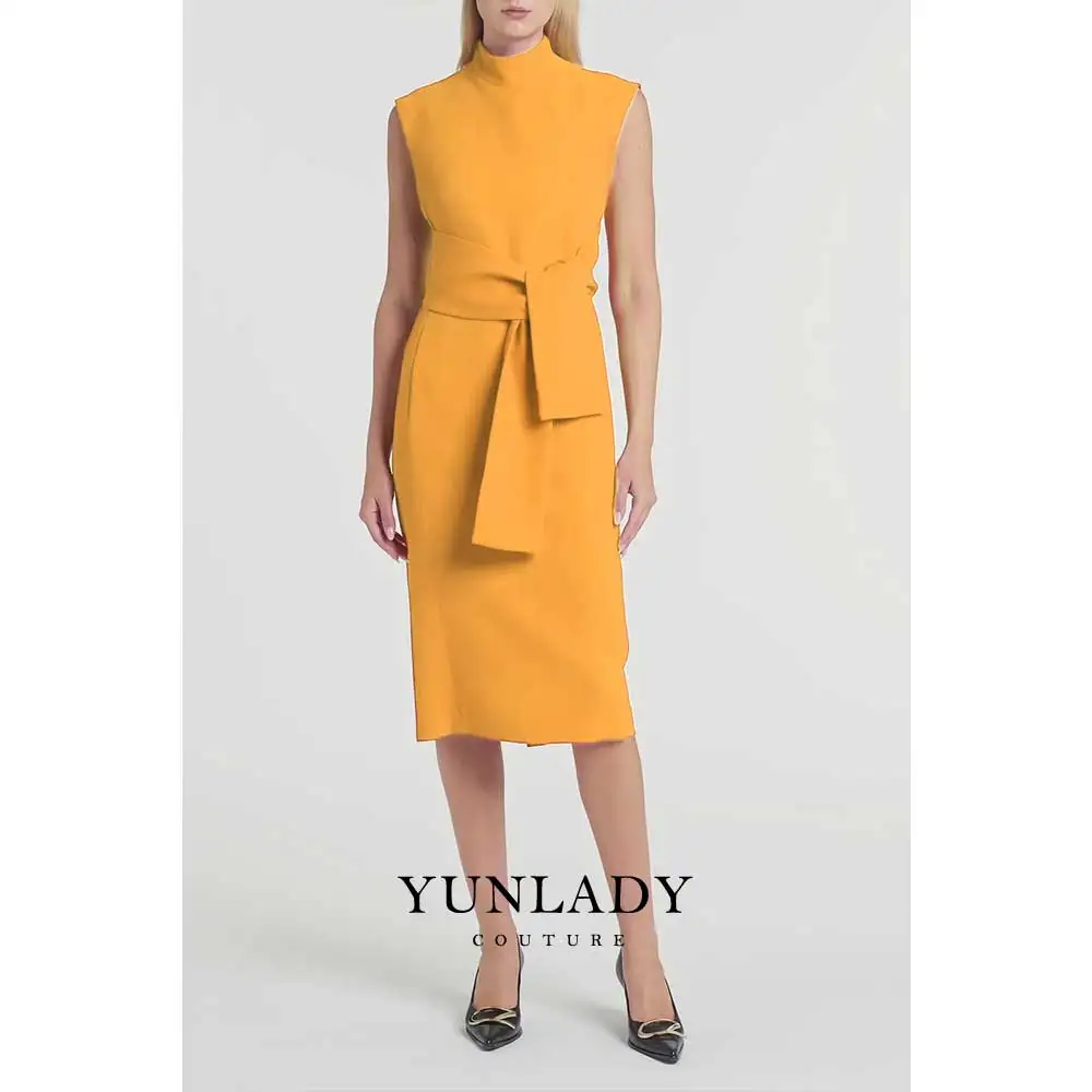 YUNLAN Luxury Dubai Orange High Neck Sleeveless Crepe Midi Evening Dress 2024 Saudi Elegant Wedding Guest Formal Party Mom Dress