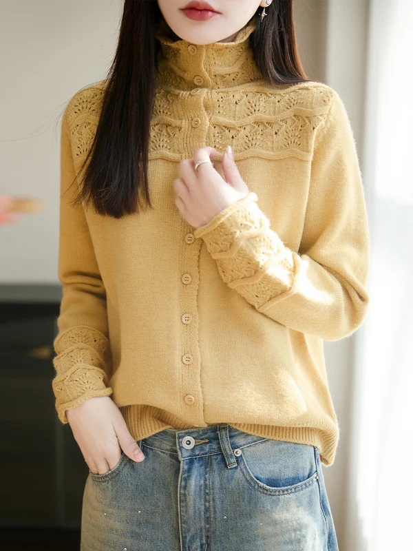 

Sweet Sle High Collar Knitted Woolen Open Cardigan Women's Loose Long Sve Yellow Sweater Jaet for Commuting Spring New...
