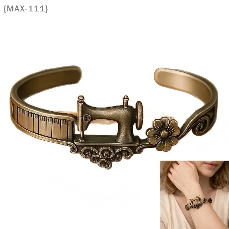 【MAX-111】Sewing Machine Themed Bracelet, Vintage Measuring Tape Detail, Adjustable Jewelry Gift For Sewing Lovers【W1】