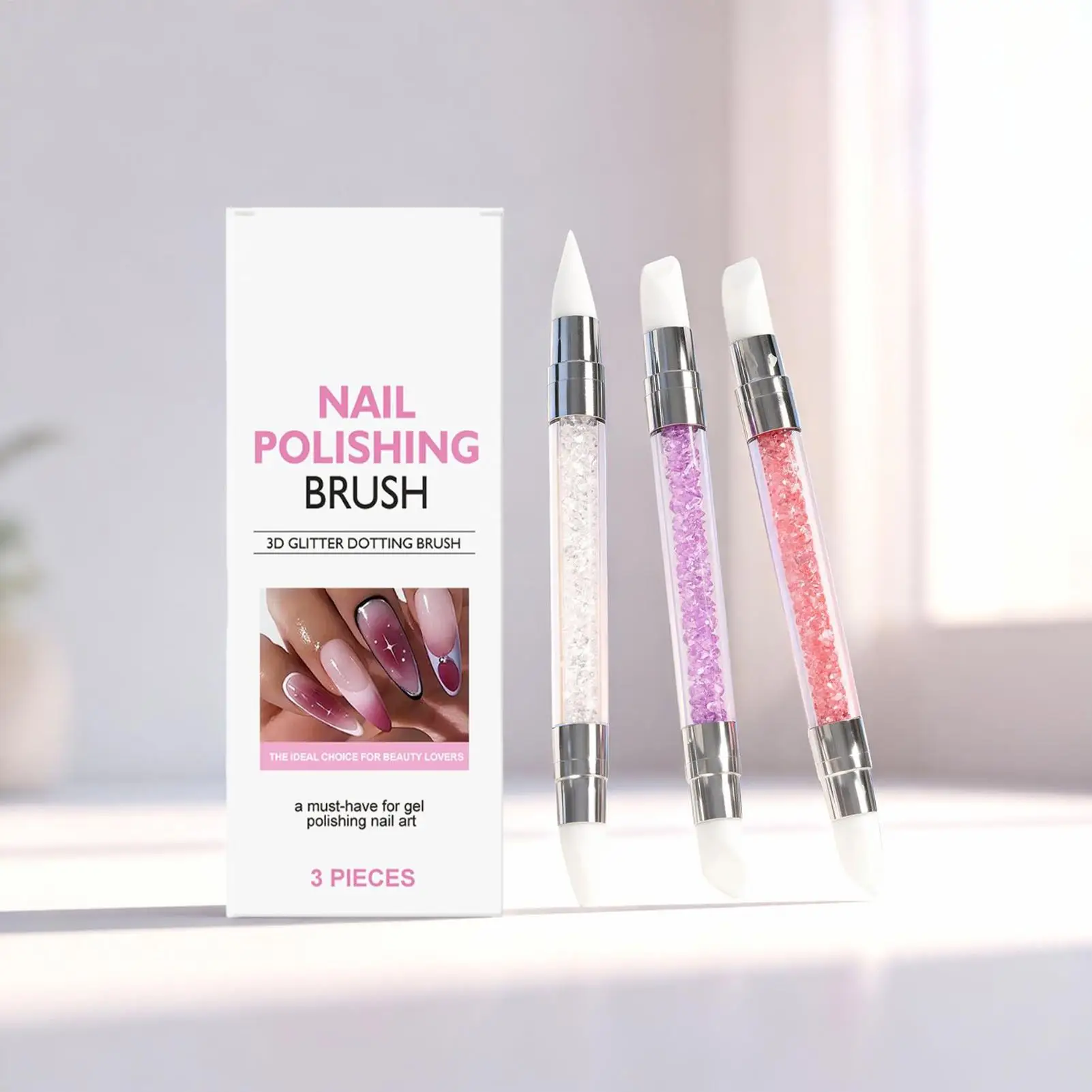 3개입 양쪽 사용 가능한 라인스톤 네일아트 실리콘 펜 조각펜 3D 꽃 조각 도트 도구 매니큐어 브러쉬 실리콘 네일 도구