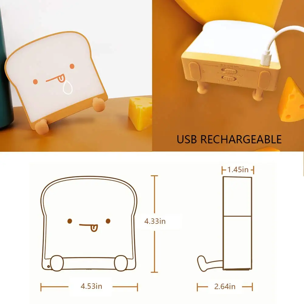 Imagem -06 - Cute Toast Bread Led Night Light Usb Recarregável Bedside Lamp Portátil Crianças Tap Light Decoração do Quarto Crianças Criança Nightlight