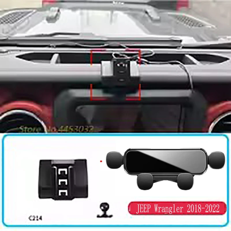 

Exclusive Car Phone Holder for Jeep Wrangler 2018 - 2022. Gravity-installed, horizontal GPS mobile bracket with base