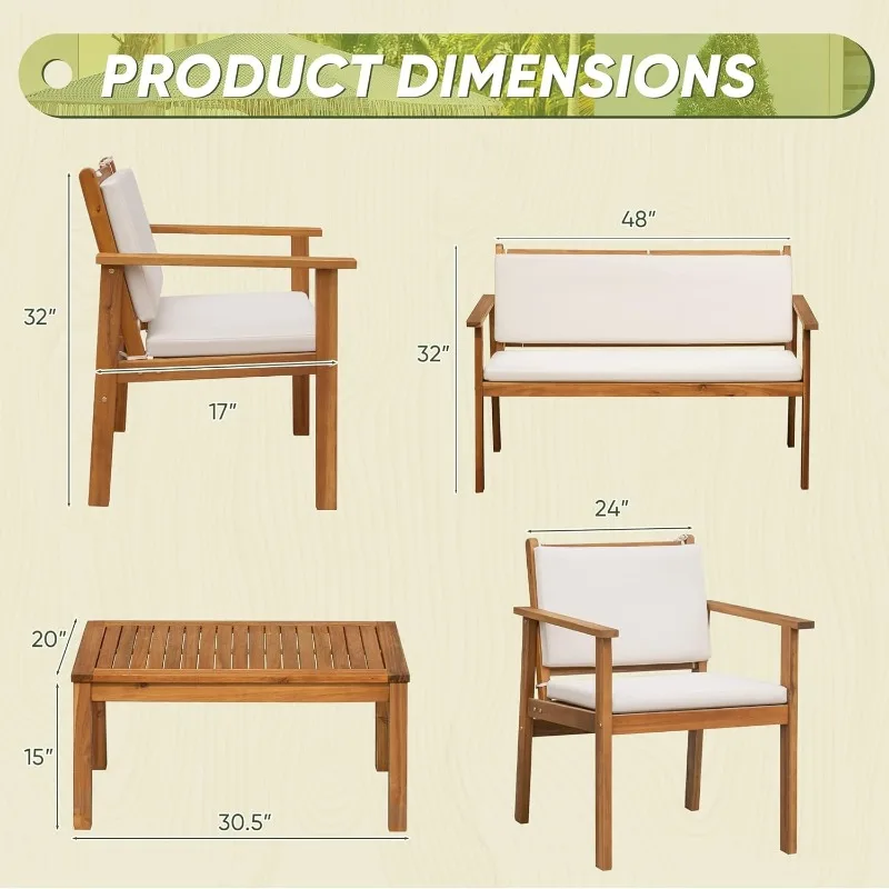 Muebles de patio Juego de sofás de conversación para patio de madera de acacia para exteriores de 4 piezas con mesa y cojín