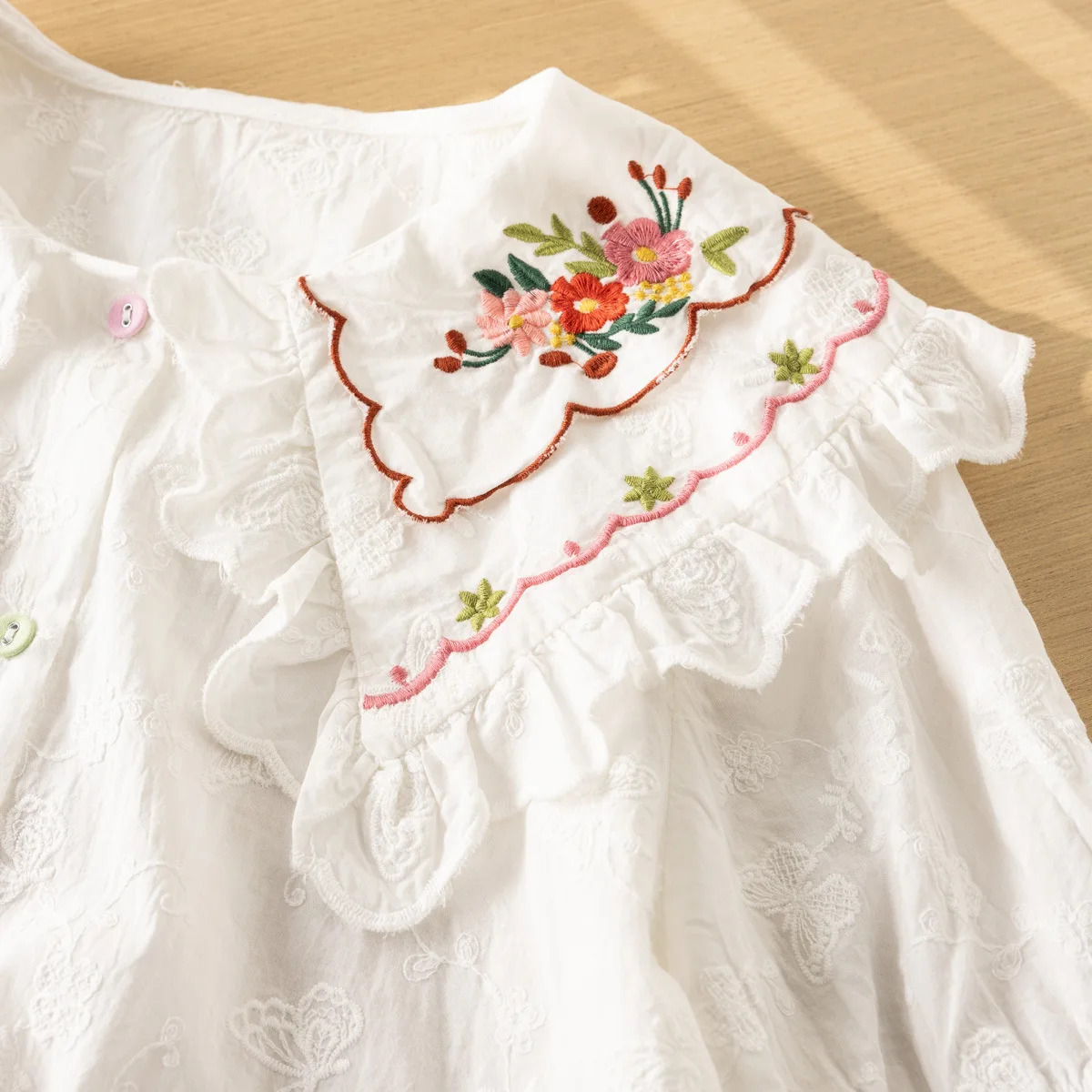 女の子のための綿の半袖Tシャツ,パンの襟,刺embroidered,moriの女の子,カジュアル,大きくて柔らかいブラウス,新しい,夏,秋,t467103qc,2024