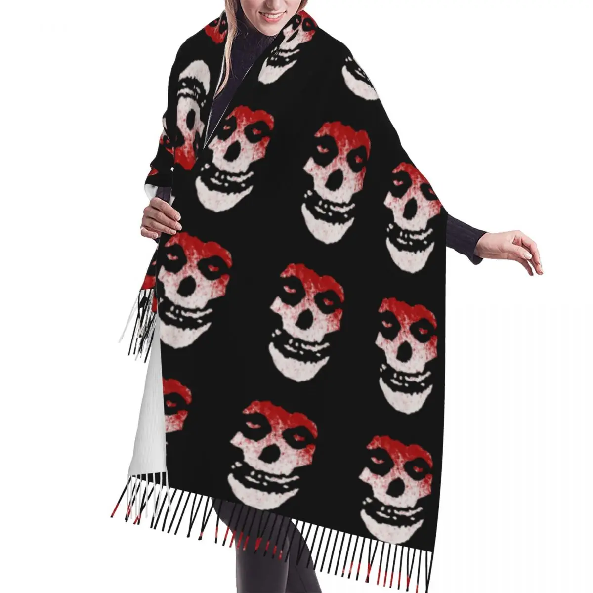 

Custom Luxury Rock Punk Band Misfits Crimson Ghost Skull Tassel Scarf Women Winter Warm Shawls Wraps Lady Heavy Metal Scarves