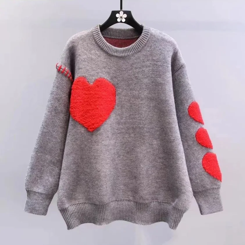 OMCHION Pull Femme Fall Winter Soft Knitted Top Round Neck Heart Jacquard Casual Women Sweaters Knitted Vintage Pullovers