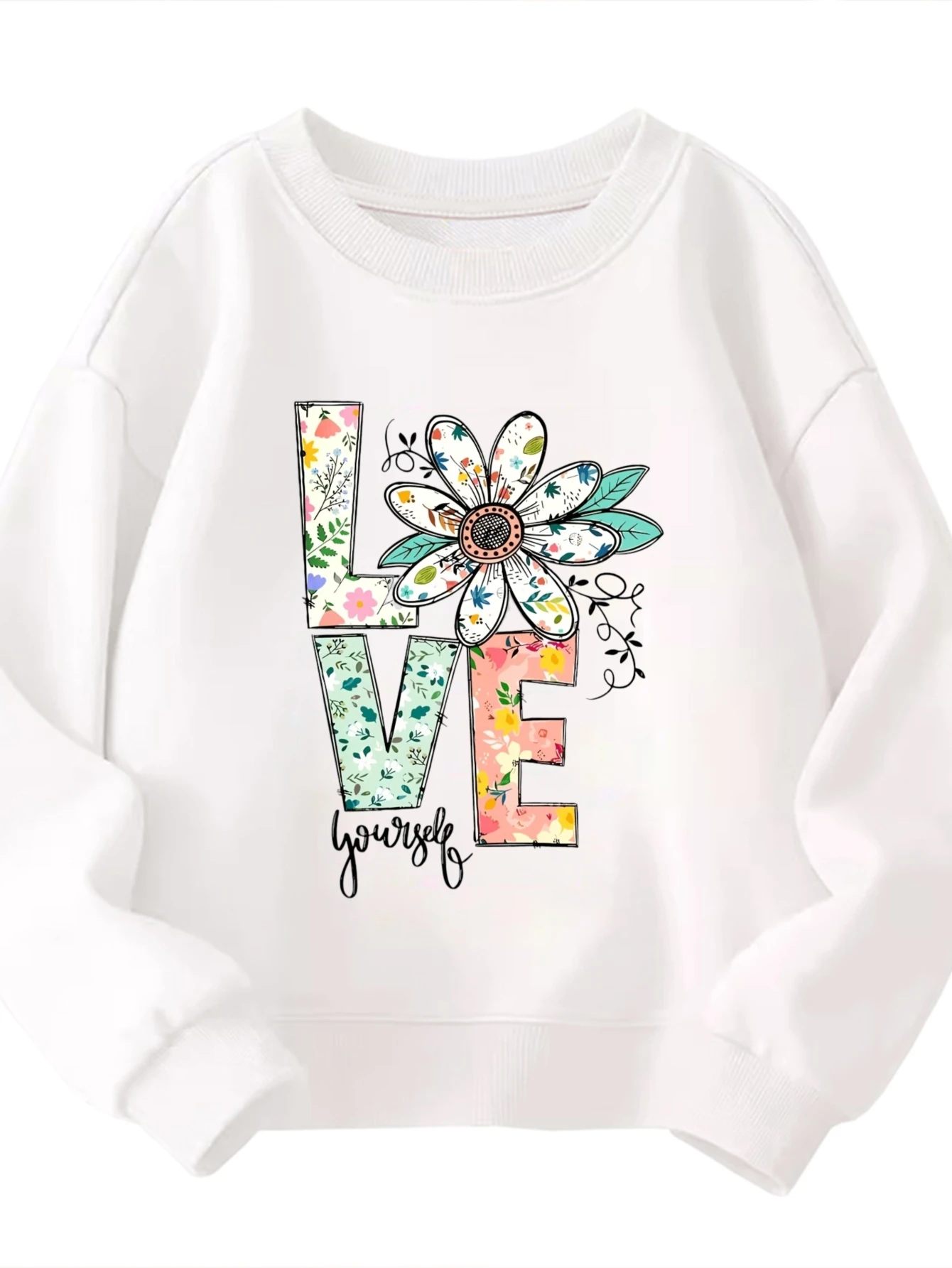 

Детский свитшот с круглым вырезом с цветочным принтом LOVE Yourself, модный дизайн, белый пуловер с рисунком для мальчиков и девочек, повседневная одежда