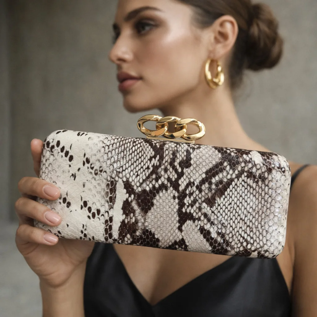Luxury Snakeskin Pattern PU Hard Shell Clutch, Gold Chain Detail Evening Bag, Versatile Handheld Purse for Formal Events & Party