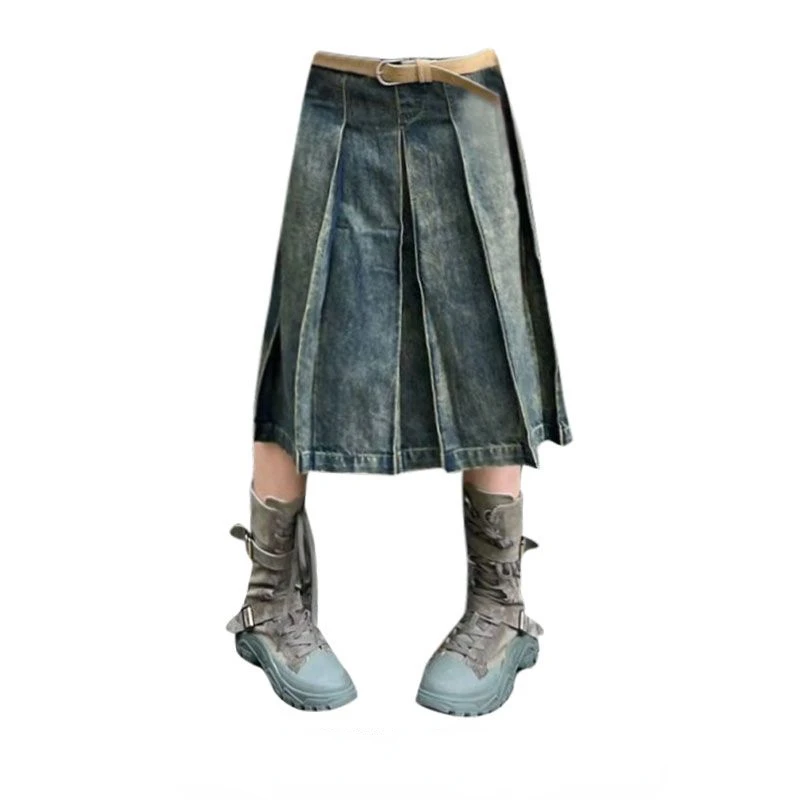 

Oversize American Washed Denim Skirt for Women Y2k E-Girl High Waist Ruched Skirts 2024 Summer New Mid-length Faldas Mujer
