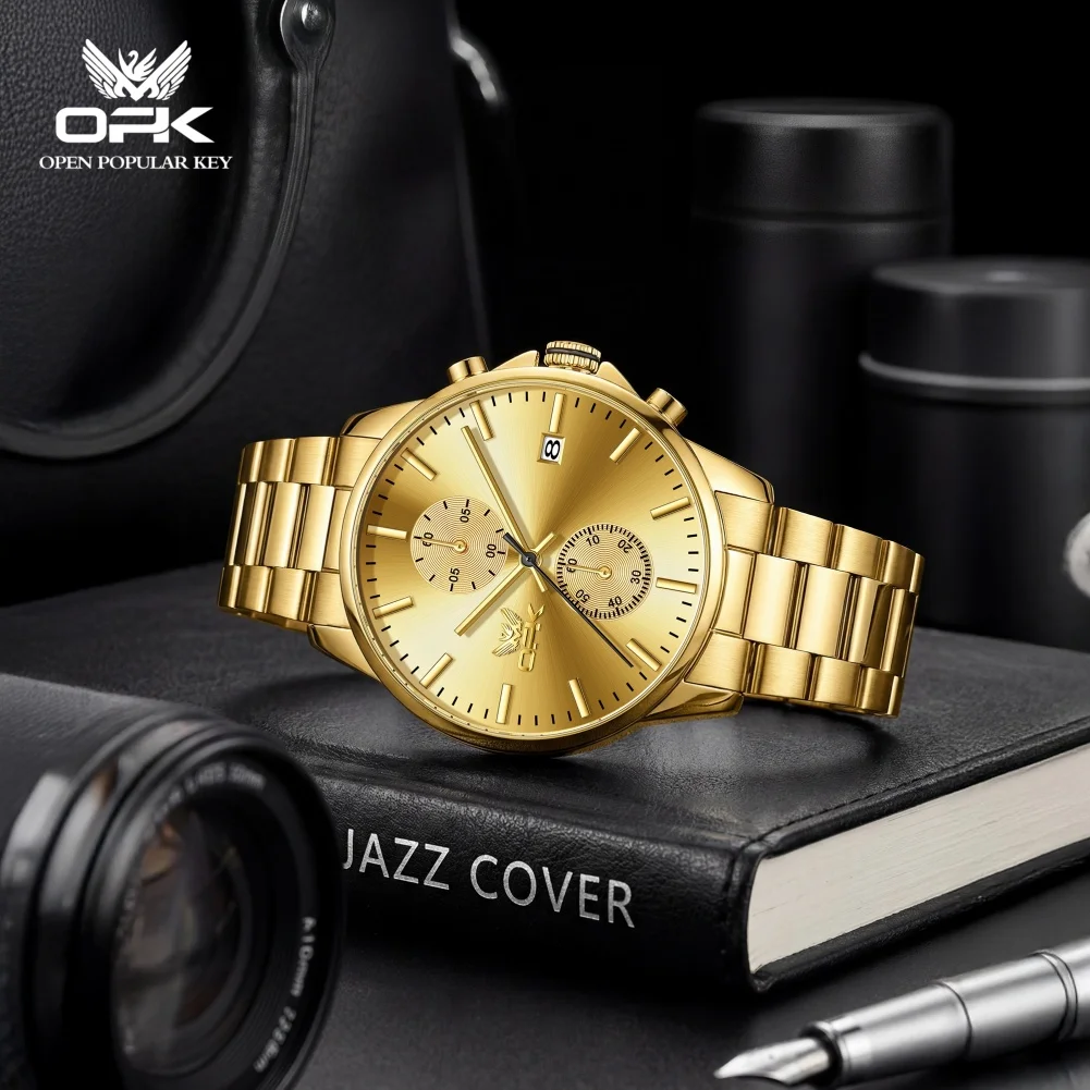 OPK 8197 Business Original Quartz Watch Classic Round Dial Premium Steel Strap 30m Waterproof Calendar Window Display Watch