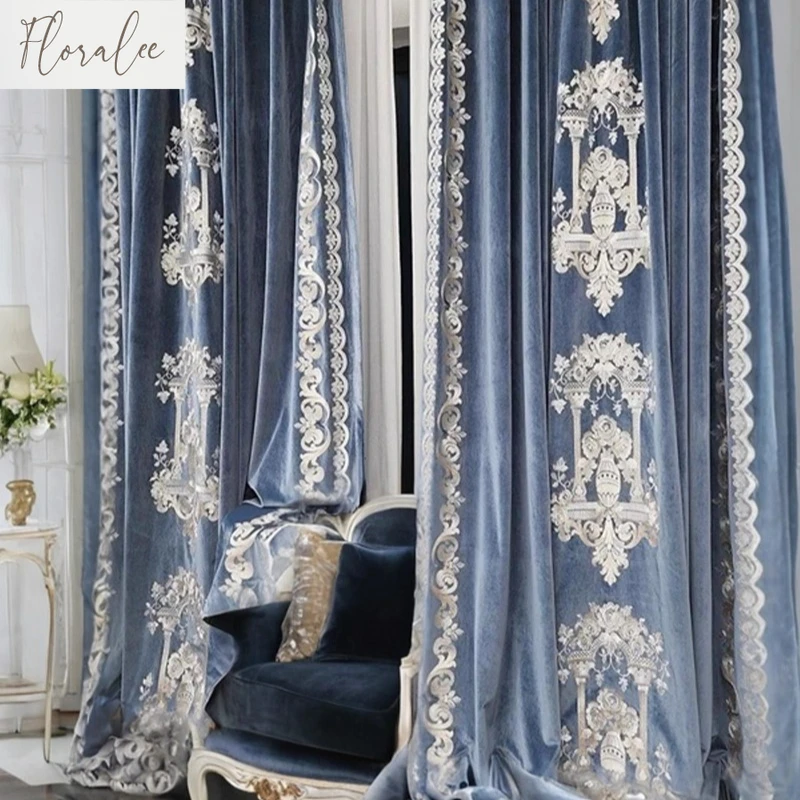 French Light Luxury Embroidery Blue Velvet Curtains for Living Room Bedroom European High-end Villa Blackout Curtains Custom