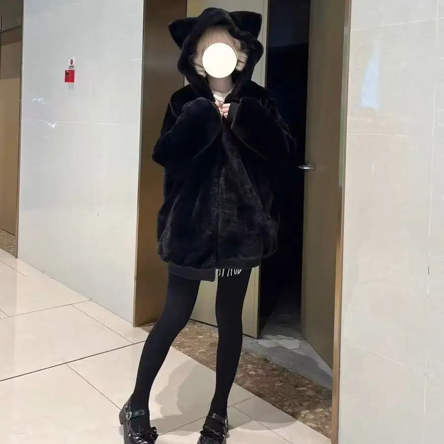 Japonês kawaii casaco de manga longa feminino casual cor sólida orelhas de gato harajuku moletom doce zíper com capuz outono inverno topos