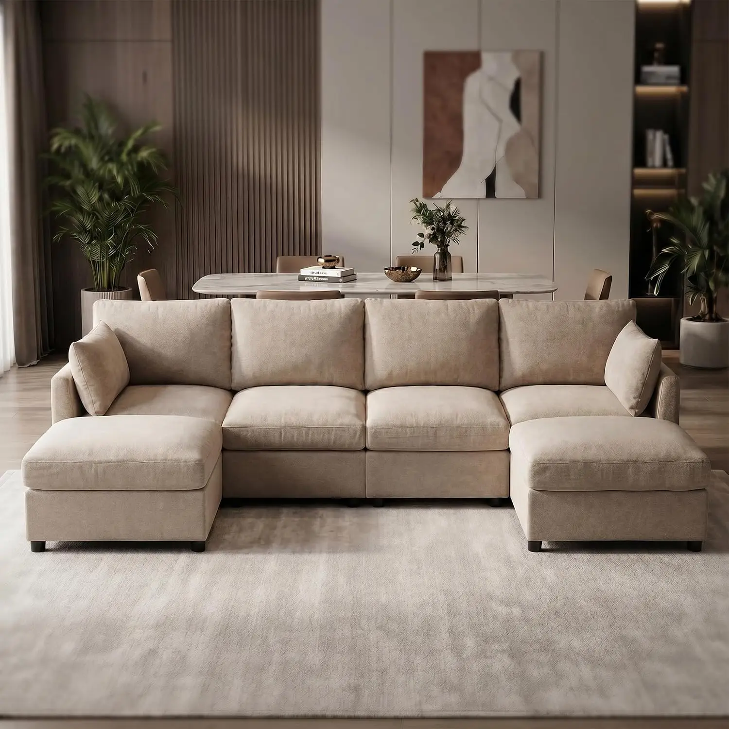 Modular Sectional Sofa for Living Room, Modern 6 Seater Convertible U Shaped with Ottoman & Spring Cushion, Khaki, Customized