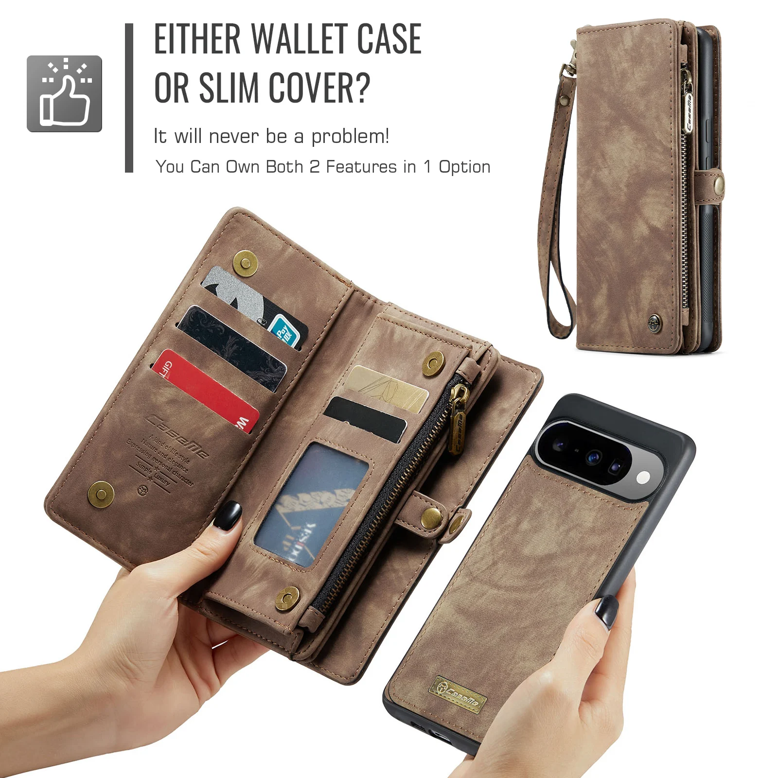 

CaseMe-008 Leather Case For Google Pixel 9 /9 Pro 9 10 Pro XL, Pixel 9A Magnetic 2 in 1 Separable Card Slots Holder Wallet Cover