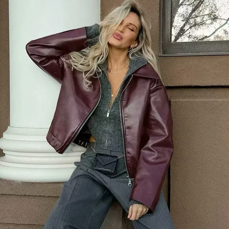 Faux Leather Bomber Jackets for Women Zipper Winter Jackets Woman Ruched Demi-season Jacket for Women Coats Women's Jacket