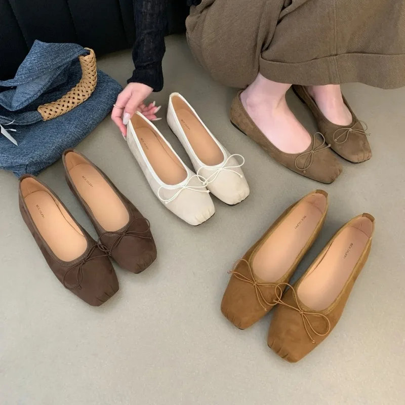 

2024 Autumn New Flat Retro Bow Square Head Flat Women's Shoes Ballet Shoes Comfortable Elegant Mary Jane Lolita Shoes