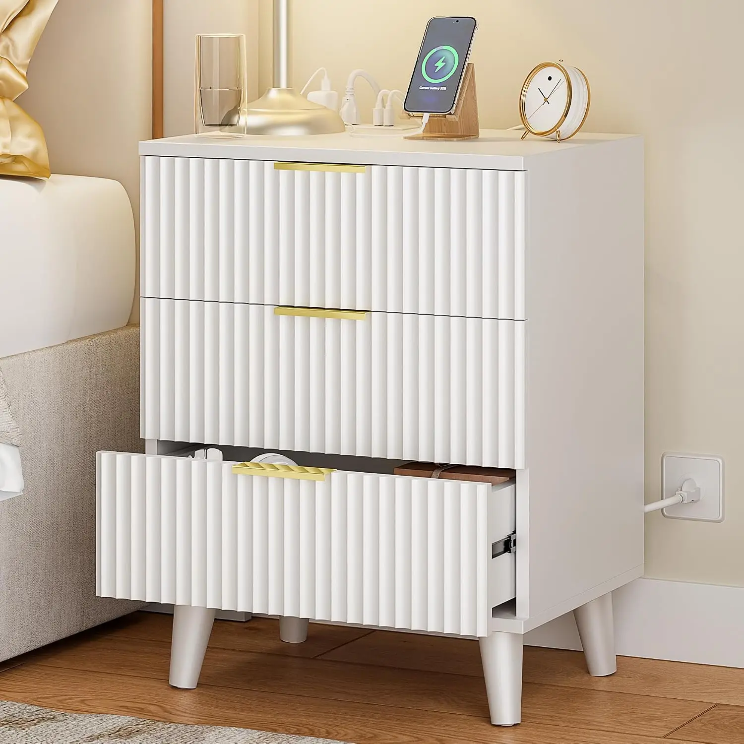 Wood 3 Drawers Dresser w/Charging Station Modern Fluted Night Stand, Customized