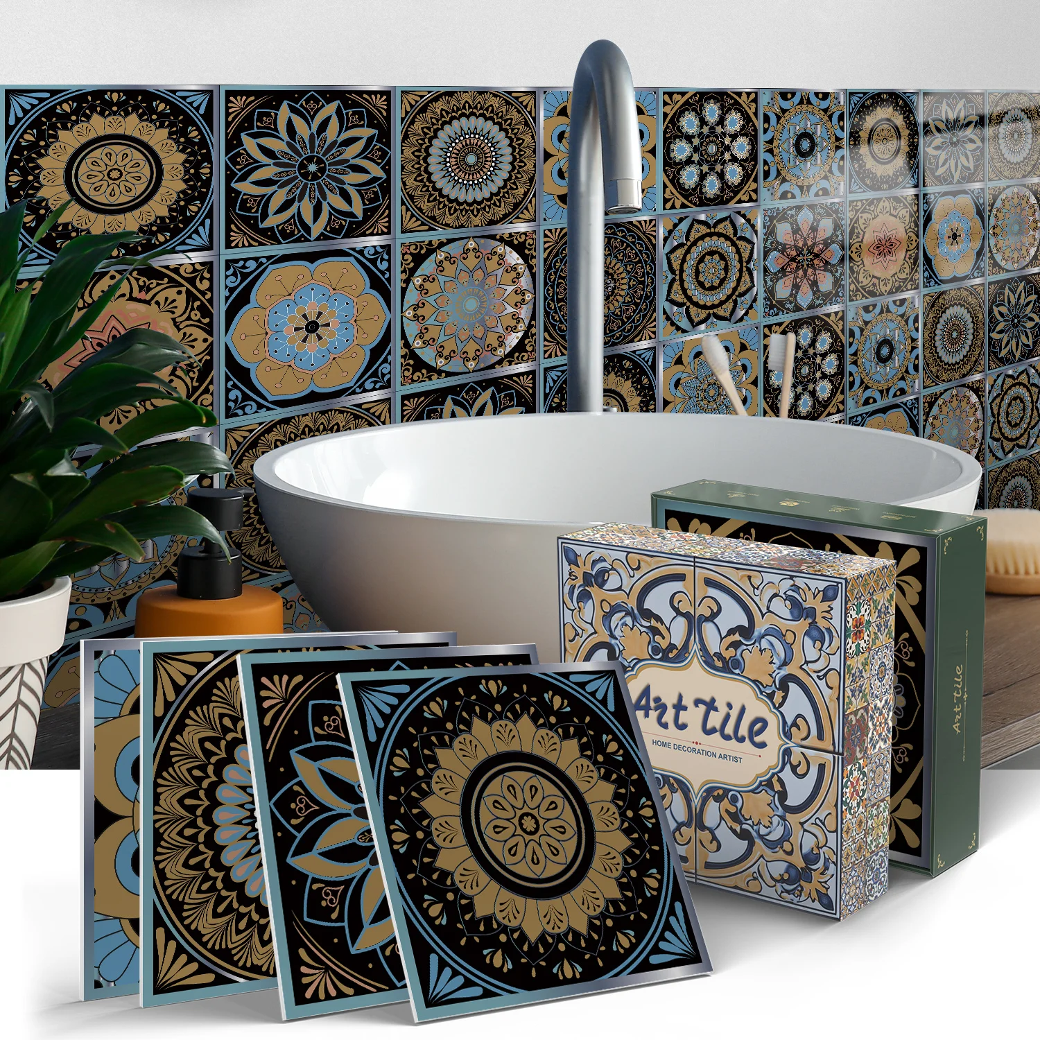 

Vintage Spanish Mosaic Tile Stickers, 5.91" Self Adhesive Waterproof Peel and Stick Backsplash for Kitchen Bathroom (12PCS)