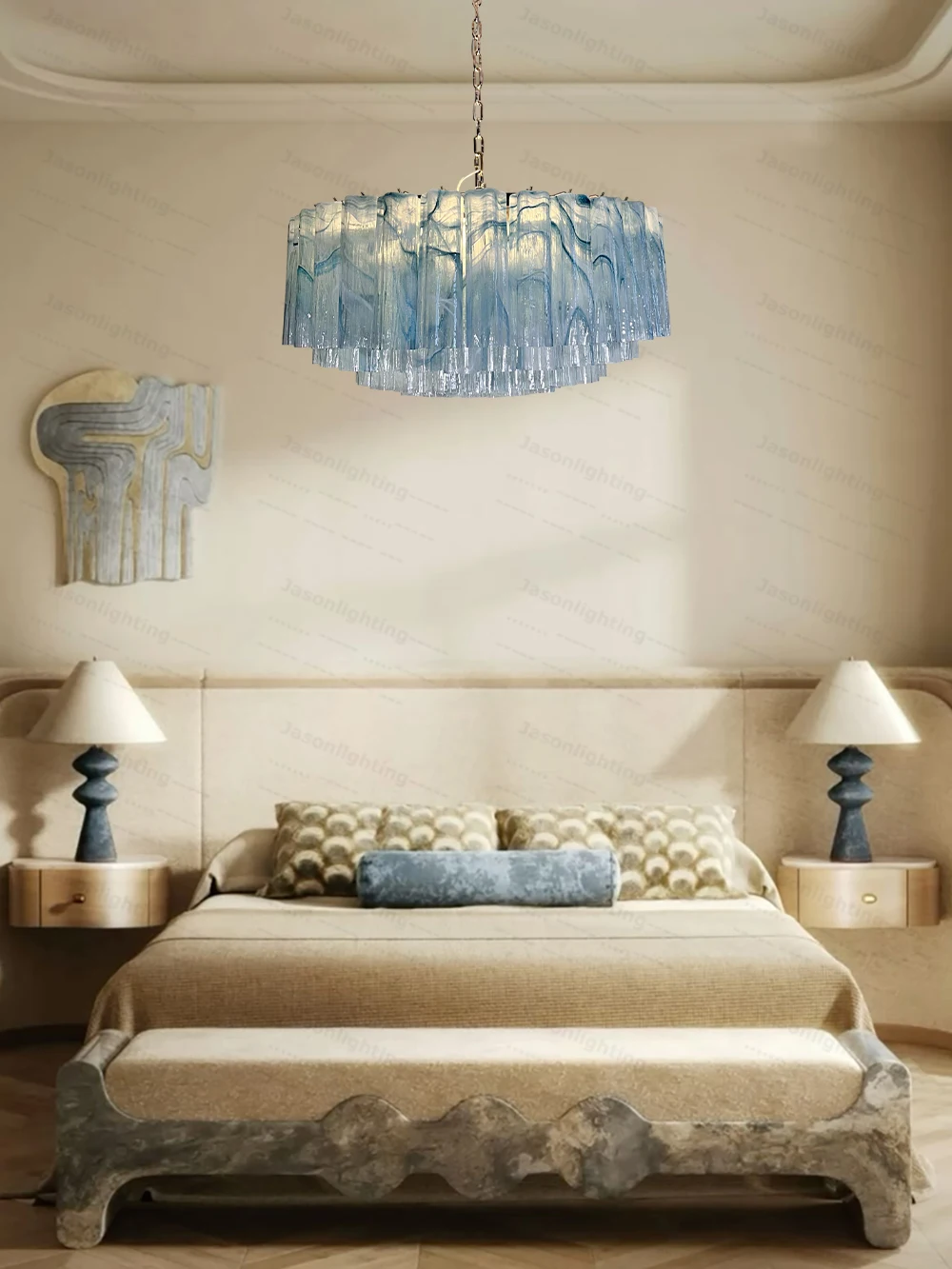 Home French Glass Art Round Dimmable LED Chandelier