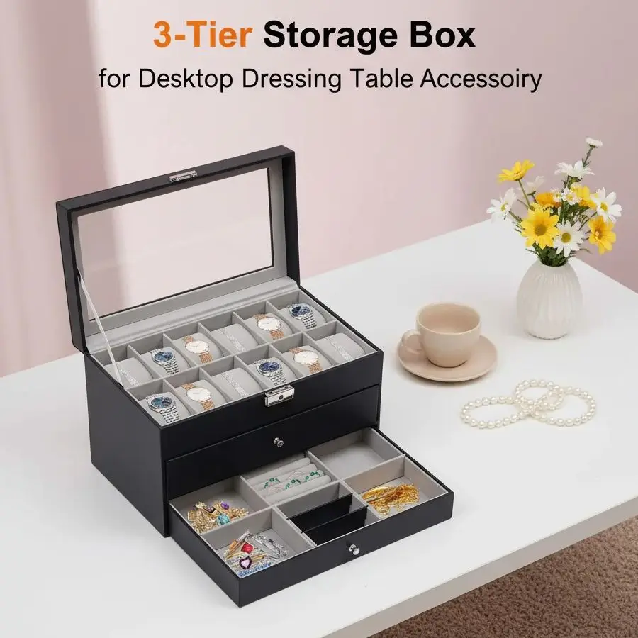 

Органайзер для часов на 12 отделений, 3-уровневый бархатный футляр для хранения ювелирных изделий и очков, для рабочего стола и туалетного столика