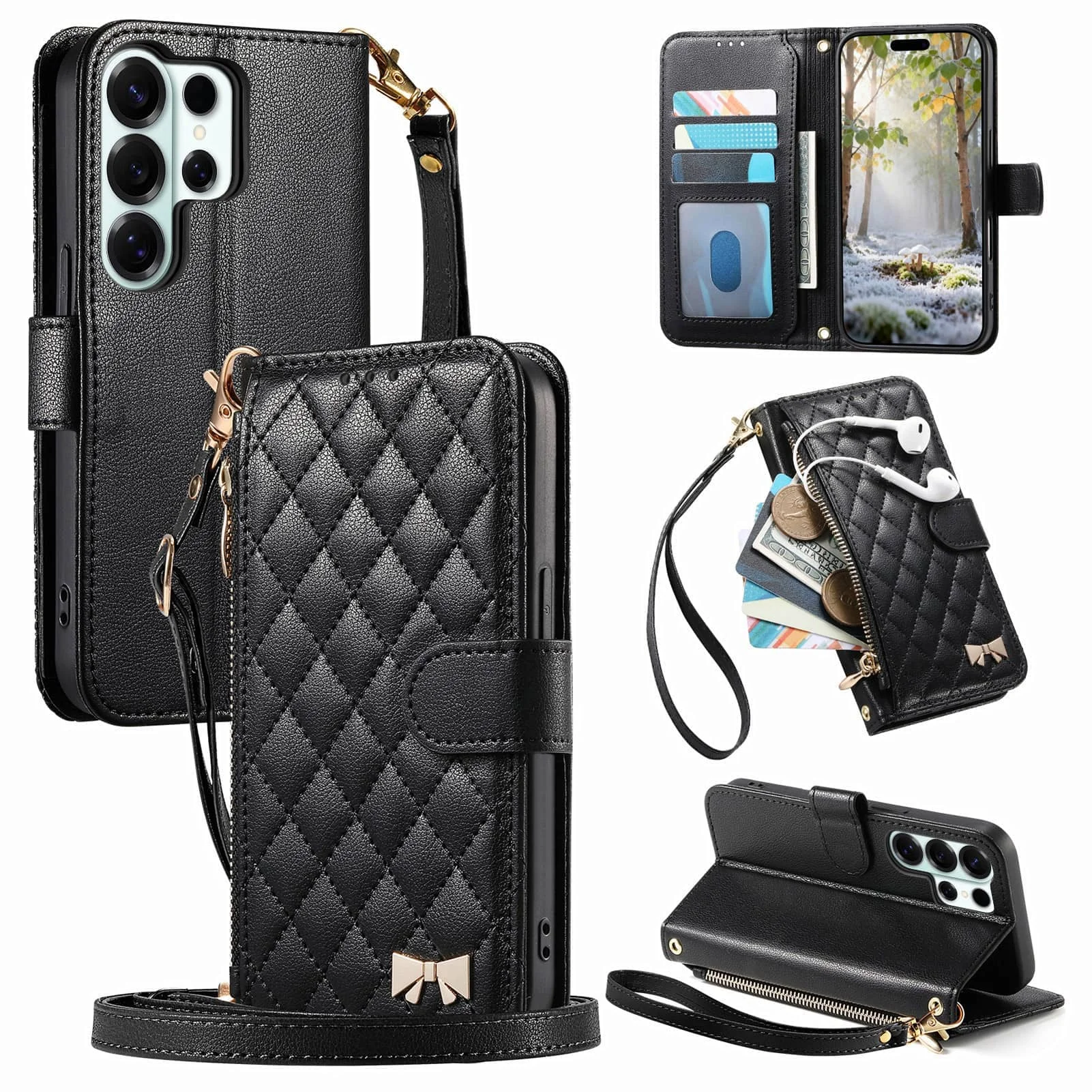 

Crossbody Wallet Case for Samsung Galaxy S26 S25 Edge S24 S23 FE S22 Ultra, Quilted Flip Cover Zipper Card Holder, Strap Lanyard