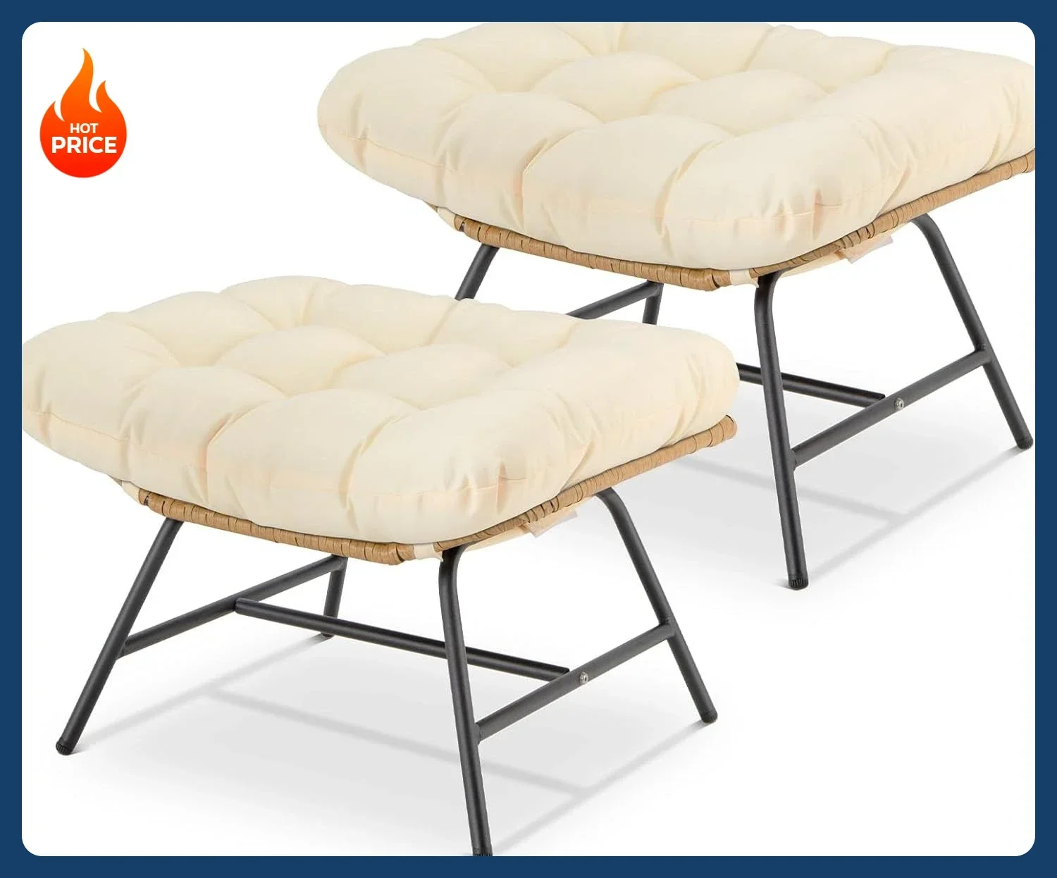 

[Hot Sale!]Indoor Outdoor Ottoman Set of 2, Large Wide Double Patio Footstool, PE Rattan Thicken Cushioned Footrest, All-Weather