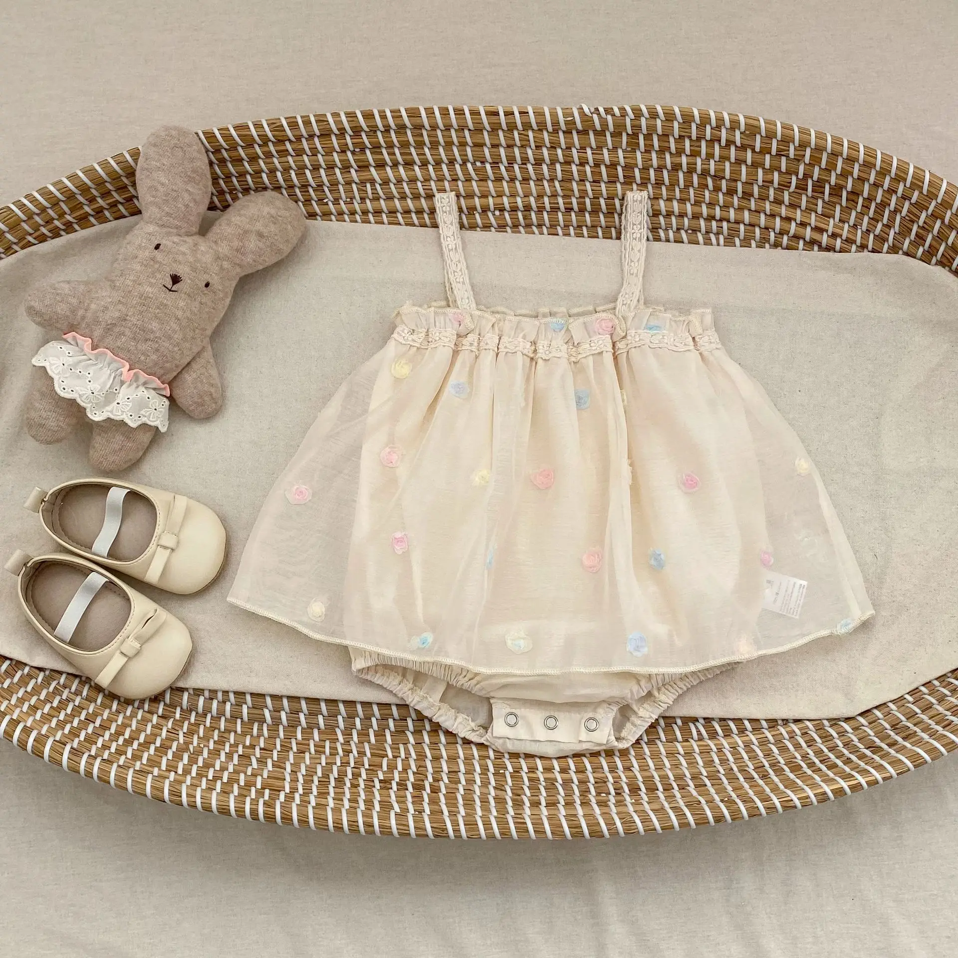 

2026 Summer New Baby Girl Sleeveless Sling Bodysuit Cute Infant Girls Mesh Floral Princess Dress Cotton Toddler Jumpsuit